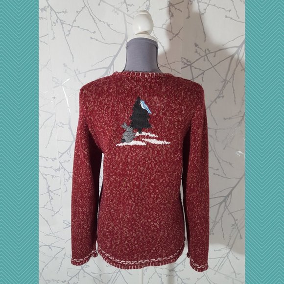 Episcia Heathered Red Cotton Knit Crewneck Sweater w/ Snowman - Picture 4 of 6